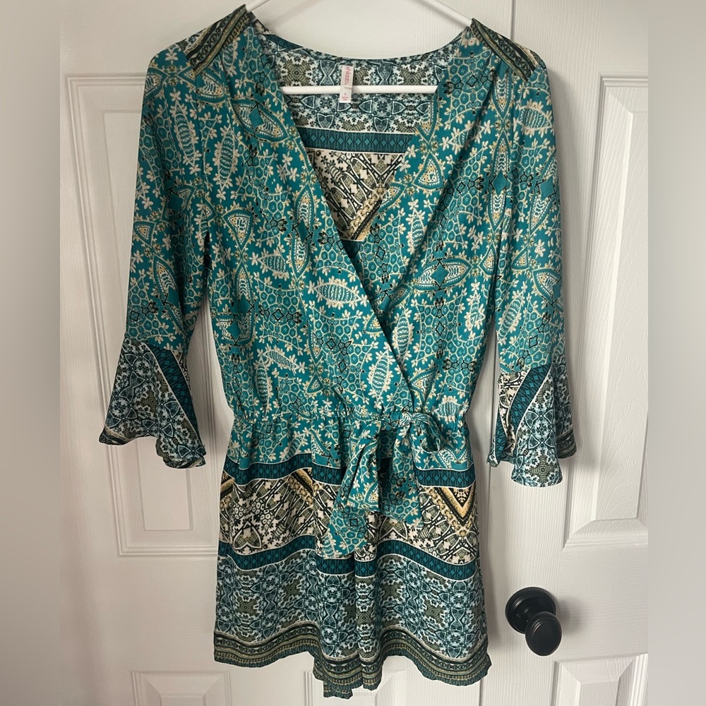 Xhilaration Teal Blue & Gold Design Romper. Size Small
